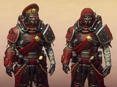 two different types of armor are shown in this image, one is red and the other is grey