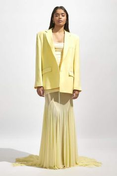 Buy Yellow Malai Lycra Solid Blazer Lapel Full Sleeve With Tube Dress For Women by Deme by Gabriella Online at Aza Fashions. Spring Evening Blazer With Lapel Collar, Evening Blazer With Lapel Collar For Spring, Formal Pleated Long Sleeve Blazer, Elegant Long Sleeve Pleated Blazer, Elegant Pleated Formal Outerwear, Formal Elegant Pleated Outerwear, Spring Office Pleated Blazer, Long Sleeve Yellow Blazer For Party, Yellow Long Sleeve Blazer For Party