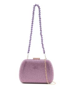 purple satin finish crystal embellishment bead detailing internal logo plaque press-stud fastening detachable shoulder strap main compartment