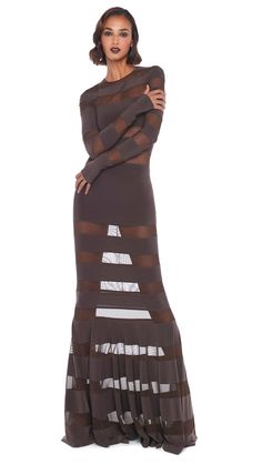 SPLICED DRESS FISHTAIL GOWN – Chocolate/Chocolate Mesh – Norma Kamali Dress Fishtail, Fishtail Gown, Elephant Pants, Fringe Top, Chocolate Chocolate, Norma Kamali, Jogging Pants, Pencil Pants, Side Stripe