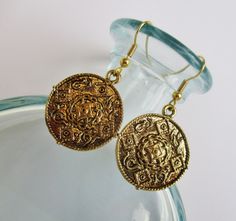 Gold dangle charm earrings, 1 3/4 inches Brass Medallion Earrings For Pierced Ears, Nickel Free Brass Medallion Earrings, Antique Earrings With Vintage Charm For Gift, Antique Earrings With Vintage Charm As Gift, Antique Vintage Charm Earrings For Gift, Nickel-free Antique Gold Drop Earrings, Nickel-free Brass Medallion Earrings, Handmade Medallion Earrings For Gift, Handmade Medallion Earrings As Gift