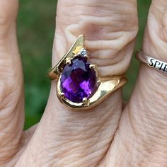 Genuine Amethyst With A Diamond Accent Set In Solid 10k Yellow Gold Ring. Size: 7.25 Amethyst Is 10 Mm X 8 Mm. Very Good Condition. Has A Very Slight Bend In Band In The Back, As Shown In Pics. Can’t Tell When Worn. Purple Birthstone Ring In 14k Gold, Classic Purple Gemstone Birthstone Ring, Classic Purple Birthstone Ring With Gemstone, Purple Birthstone Ring With Gemstone Accents, 14k Gold Jewelry With Purple Accent Stones, Fine Jewelry Amethyst Gemstones For Anniversary, Purple Gemstone Accented 14k Gold Rings, Purple 14k Gold Jewelry With Accent Stones, Amethyst Gemstones For Anniversary Fine Jewelry