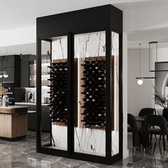 a wine rack in the middle of a kitchen with marble flooring and black cabinets