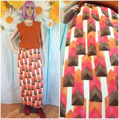 Retro Graphic Print Skirt For Spring, Retro Summer Skirt With Graphic Print, Retro Fitted Maxi Skirt For Spring, Retro Long Skirt For Summer, Retro Summer Long Skirt, Vintage Retro Print Summer Skirt, Vintage Stretch Skirt For Summer, Summer Vintage Skirt With Retro Print, Retro Orange Summer Skirt