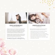 two page wedding brochure with pink flowers and confetti on the side