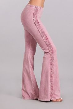 Another beautiful creation from Chatoyant. Mineral washed bell bottom pants with crochet lace on side seam and elastic waist. Each item is hand-dyed, should expect variations. American made Cotton/Spandex 93/7 Jersey Made in USA Stay Sexy! Pink Bell Bottoms, Lace Bell Bottoms, Trouser Pattern, Crochet Pants, Soft Pants, Jeans Diy, Pink Jeans, Bell Bottom Pants, Bell Bottom