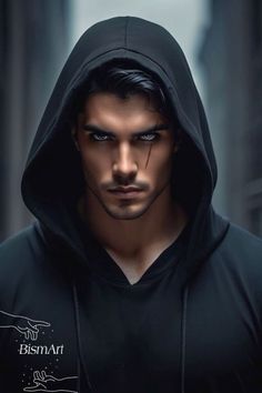 a man wearing a black hoodie and looking at the camera with an evil look on his face