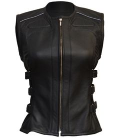 "Woman leather motorcycle vest specially designed for maximum convenience and comfort of women riders. Bright sport design for the feminine silhouette combined in this vest model. Made of genuine leather, skin thickness 1.2-1.3 mm. This motorcycle vest has been specially made with all features of the female figure. Powerful protectors will protect the back. 1.2mm-1.3mm premium leather chassis CE approved Stryker back protector (removable) Large accessible back panel for attaching club patch Side Leather Vest Women, Women Riders, Motorcycle Leather Vest, Womens Motorcycle, Women Motorcycle, Custom Baggers, Vests For Women, Vest Outfit, Motorcycle Vest