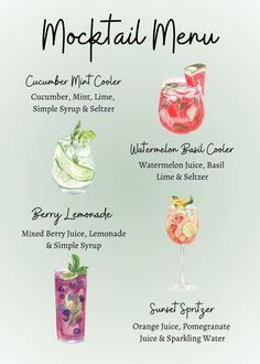 the cocktail menu is filled with different types of drinks, including watermelon, basil and lemonade