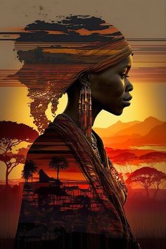 an african woman is standing in front of the sunset with her head turned to look like she