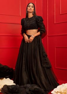 Editor's Note Black Organza Lehenga With Embroidered Belt, Embroidered Dupatta And Organza Embroidered Dupatta Fabric: Organza, Net And Shantoon Color: Black Care: Dry Clean Only Customize Your Outfit Can't find the size you're looking for? No stress. Just select size "Custom" while adding the item to your cart. We will follow up with you for your body measurements. To request color or design customizations, please contact our customer care by using our "Ask us a question" form or simply email u Black Organza Lehenga, Mahima Mahajan, Lehenga Style Saree, Indian Bridesmaid Dresses, Reception Outfit, Black Lehenga, Organza Lehenga, Net Blouses, Organza Wedding