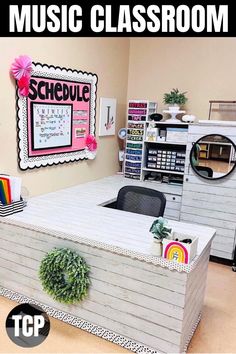 the classroom is decorated in pink and white