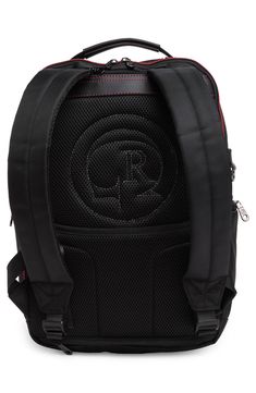 a black backpack with red accents on the front