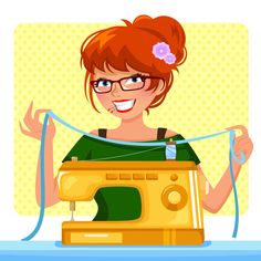 a woman with glasses is sewing on an old yellow sewing machine, she has red hair and