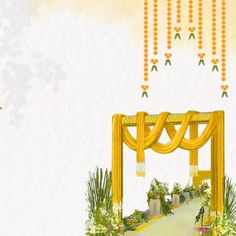 an illustration of a yellow archway with flowers and greenery on either side, surrounded by hanging orange beads