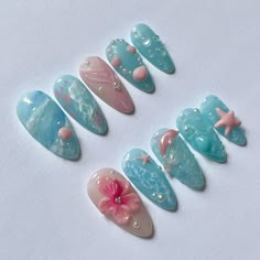 Gel X Nail Designs, Marine Nails, Press On Nails Blue, Seashell Nails, Gel X Nail, Builder Gel Nails, Nail Courses, Luxury Press On Nails, French Acrylic Nails