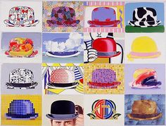 a collage of different hats and designs on paper with one man's face in the middle