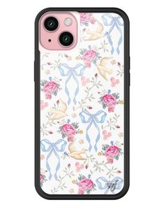 an iphone case with flowers and bows on it