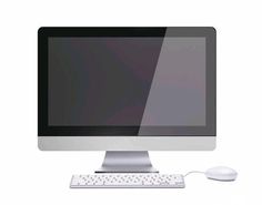 a computer monitor sitting on top of a white desk next to a keyboard and mouse