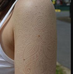 the back of a woman's arm with white lace on it and a street in the background