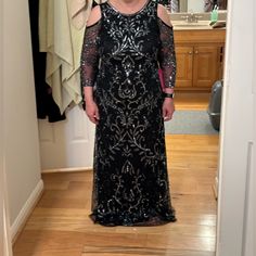 I Bought This Dress At Dillard's And Only Had Three Days To Return It. Unfortunately, I Could Not Return It In These Three Days. I Bought This For $142 Plus Tax 3/4 Sleeve Mother Of The Bride Dress For Party, Sequined Long Sleeve Gown For Mother Of The Bride, Long Sleeve Sequined Gown For Mother Of The Bride, Holiday Evening Long Sleeve Mother Of The Bride Dress, Modest Formal Dresses, Pisarro Nights, Blue Evening Gowns, Beaded Maxi Dress, Two Piece Gown