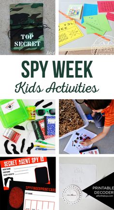 the words spy week kids's activities are shown in black and white, with pictures of