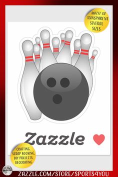 * Bowling Ball and Bowling Pin Sticker by #Sports4you / ​ ​#Gravityx9Designs at Zazzle ​* Stickers are available in several size options. * Choose small size and use for DIY projects, crafting projects and scrap booking ideas, sealing envelopes. * Also, the small size is a nice addition to be inserted and to go with mailed greeting cards. * Large size are reusable! * These sticker set offers more than one design. * Matte glossy or transparent. * 0125 Zazzle Stickers, Pin Sticker, Bowling Pins, Bowling Ball, One Design