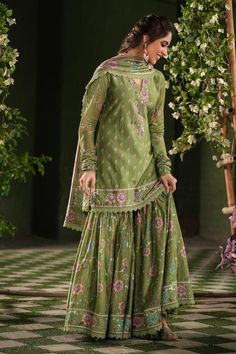 Dark green floral printed kurta with embroidered neckline, hem-line and sleeves. Comes with matching sharara sprinkled with sequin cheentas and contrasting dupatta with embroidery and lace details. - Aza Fashions Semi-stitched Pista Green Sharara With Dabka Work, Pista Green Semi-stitched Sharara With Dabka Work, Semi-stitched Green Sharara With Chikankari Embroidery, Unstitched Pista Green Sharara In Chinon, Pista Green Sharara With Dabka Work And Traditional Drape, Pista Green Sharara With Dabka Work, Green Chikankari Embroidery Sharara In Chanderi, Unstitched Pista Green Designer Sharara, Green Unstitched Chinon Sharara