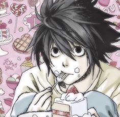 an anime character with black hair eating cake and holding a fork in his mouth while looking at the camera