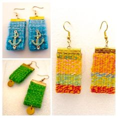 four different pictures of earrings made out of woven material and beaded with anchor charms