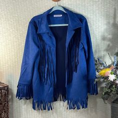 Gorgeous Women’s Blue Faux Suede Jacket By Misslook. Accented With Fringe On Sleeve Bottoms, Front Center Down And Front And Back Bottom. New Without Tags. Size Xxl. Measures: 18 Inch Shoulder To Shoulder 29 Inch Shoulder To Bottom 21 Inch Pit To Pit 24 Inch Sleeve Winter Long Sleeve Outerwear With Tassels, Winter Outerwear With Tassels And Long Sleeves, Fringe Long Sleeve Outerwear For Winter, Spring Blue Outerwear With Tassels, Blue Spring Outerwear With Tassels, Blue Outerwear With Tassels For Spring, Blue Tasseled Outerwear For Fall, Blue Long Sleeve Outerwear With Tassels, Casual Long Sleeve Outerwear With Tassels