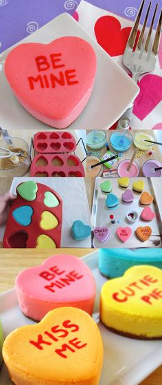 some heart shaped cakes are on a table