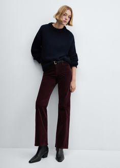 Mid-rise corduroy flared pants - Women | MANGO USA Burgundy Corduroy Pants Outfit, Brown Corduroy Pants Outfit, Flare Corduroy Pants, Corduroy Pants Outfit, Corduroy Pants Women, Bell Design, Holiday Party Outfit, Corduroy Fabric, Party Outfits