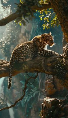 a large leopard laying on top of a tree branch in a jungle area with lots of trees