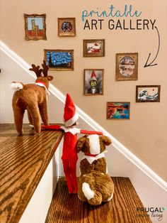 two stuffed animals sitting on top of a wooden table next to a bannister