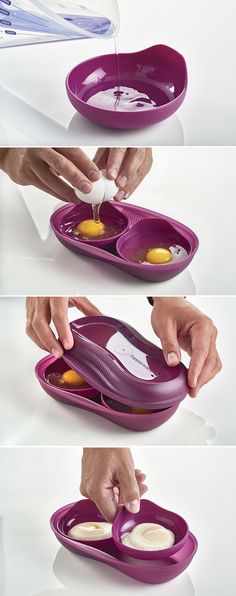 three pictures showing the process of making an egg slicer with eggs in each tray