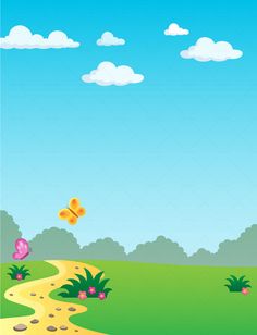 an image of a cartoon landscape with butterflies flying over the ground and grass on either side