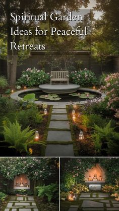 an outdoor garden with stepping stones and lights in the center, surrounded by plants and flowers