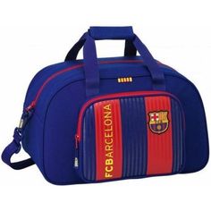 a blue and red bag with the name barcelona on it