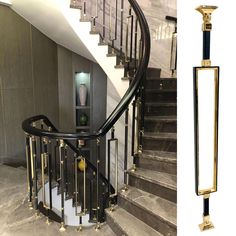 a black and gold stair case next to a staircase