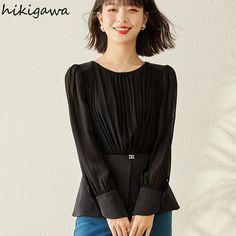 Churchf Temperament Shirts for Women Fashion Chiffon Blouse O-neck Long Sleeve Chiffon Tops Blouses Korean Vintage Blusas Mujer Black Chiffon Office Tops, Black Chiffon Tops For Office, Chiffon Tops Blouses, Chiffon Blouse, Shirts For Women, Mother Of The Groom, Chiffon Tops, Women Fashion, Chiffon