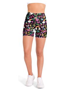 Spread some peace and love in these groovy sports shorts This Gearbunch Peace and Love Yoga shorts has it all, the peace symbol, rainbows, hearts, music, birds you name it all things peace and love are there. They are colorful and fun. A black base, the layers of bright blue, pink, yellow and orange really pop. Soft stretchy fabric and a wide waistband, these sports shorts are made to move with you; perfect for gym, running, yoga and all your favorite sports and hobbies. Be happy, Be Bright, Be Playful Black Shorts For Summer, Black Rave Bottoms For Spring, Playful Summer Biker Shorts, Casual Multicolor Workout Shorts, Casual Multicolor Summer Biker Shorts, Playful Biker Shorts For Summer, Playful Short Biker Shorts For Summer, Casual Black Shorts For Cheerleading, Casual Multicolor Biker Shorts For Summer