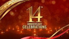 the 14th anniversary celebrations logo on a red and gold background with lights in the background