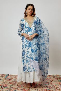 Blue and white chanderi kurta with floral print and sequins embroidered neckline. Comes with pant, a crushed cotton inner anarkali and an organza dupatta with fringed hem. - Aza Fashions Blue Kurta, Kurta Pant Set, Organza Dupatta, Embroidered Neckline, Kurta With Pants, Pants Pattern, Set For Women, Anarkali, Aza Fashion