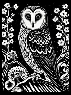 an owl sitting on top of a tree branch in front of flowers and leaves at night