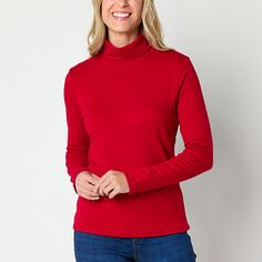 Essential for transitional weather and winter months, this women's turtleneck from St. John's Bay is a cozy basic for your wardrobe. Made from a comfortable cotton-blend, this top has a super-soft feel with a roll neck and long sleeves. Pair it with corduroy pants or layer under a blazer with jeans.Features: EssentialsClosure Type: Pullover HeadFit: Regular FitNeckline: TurtleneckSleeve Length: Long SleeveApparel Length: 26 Inches - FrontFiber Content: 100% CottonFabric Description: InterlockCar Turtleneck Long Sleeve, Womens Turtleneck, Blazer With Jeans, Large Shirts, Roll Neck, Winter Months, Corduroy Pants, Long Sleeve T Shirt, Shirts Tops