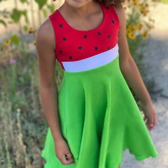 Watermelon Twirl Dress This Cute Custom Boutique Watermelon Twirl Dress Perfect For A Watermelon Theme Birthday Party, A Watermelon Festival Or Just A Fun Day Out In The Sun. Dress Is Red And Lime Made Out Of A Nice Comfy Knit With Watermelon Seeds Front. Your Little One Will Love Twirling Around In This Watermelon Dress This Summer. -Watermelon Theme -100% Cotton -Handmade In Usa By Lil' Bug Clothing Cute Summer Twirl Dress For Playwear, Playful Sleeveless Twirl Dress For Summer, Playful Sleeveless Summer Twirl Dress, Fun Summer Holiday Dresses, Fun Sleeveless Holiday Dresses, Summer Playful Twirl Dress For Dress-up, Cute Summer Twirl Dress For Party, Playful Green Summer Dresses, Fun Summer Party Twirl Dress