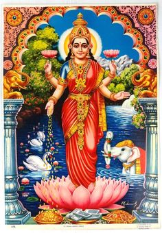 the hindu goddess standing in front of a pond with lotuses and swans around her