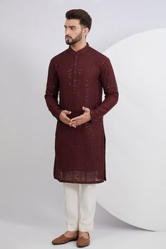 Maroon kurta with thread embroidered floral stripe motifs, embellished by sequins. Comes with a pant. - Aza Fashions Wine Kurta For Men, Maroon Kurta For Men, Maroon Kurta Men, Kurta Designs Men's, Boys Kurta Design, Kurta For Men, Kurta Patterns, Chikankari Suits, Kurta Men