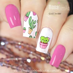 Succulent Nail Design, Succulent Nail Art, Cactus Nail Art, Succulent Nails, Cactus Nails, Nail Art Designs 2023, Summer Nail Art Designs, Disney Acrylic Nails, Pretty Nail Colors